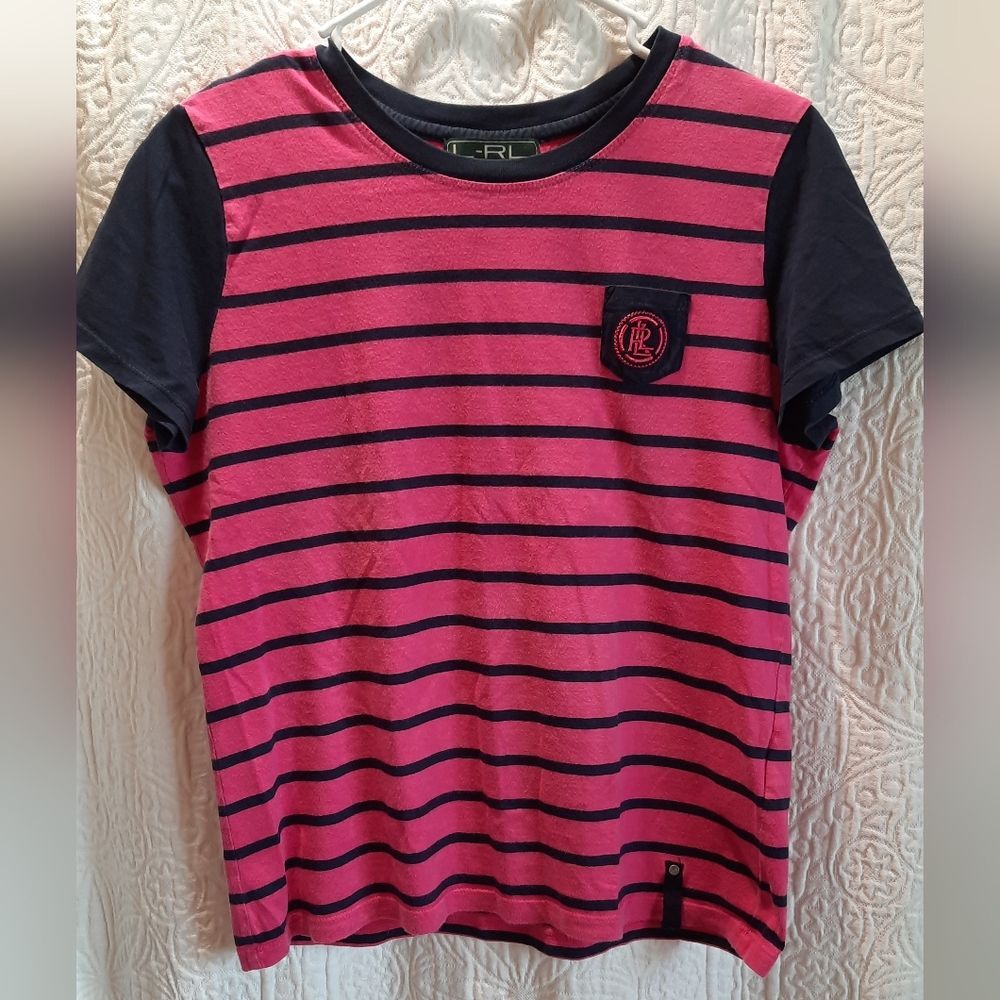 Lauren Ralph Lauren Active Shirt Womans Medium Pink Navy Striped Preppy Sporty